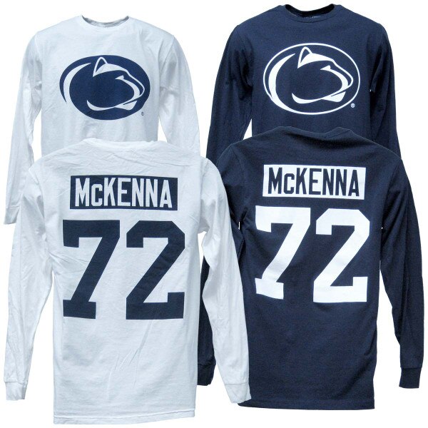white and navy long sleeve t-shirts Penn State Athletic Logo on front, McKenna #72 on back